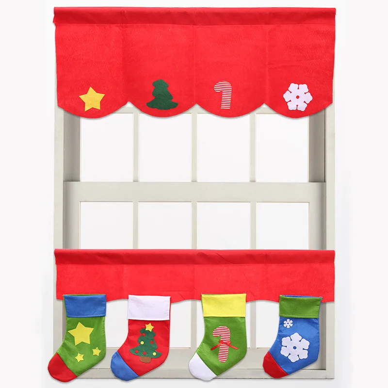 Creative Cartoon Candy Socks Curtain Red Velvet Christmas Decorative Curtains for Window Kitchen Cabinet Door 2pcs/set