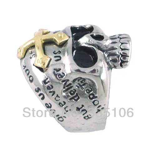 Free Shipping! Gothic Gold Cross Skull Biker Ring Stainless Steel Jewelry Punk Motor Biker Men Ring SWR0097