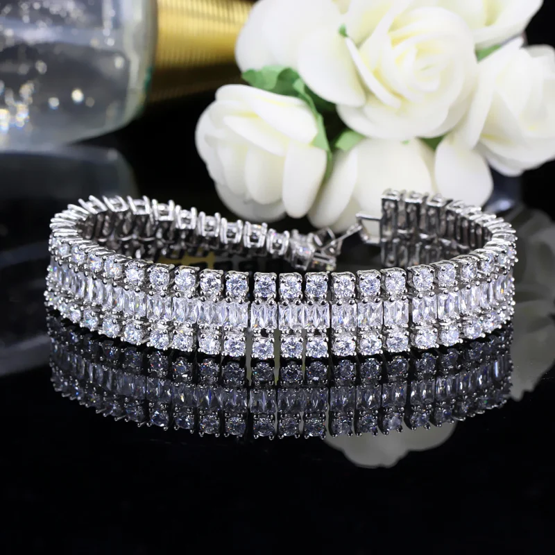 CWWZircons High Quality Silver Color Round And Square CZ Green Crystal Big Bangles Bracelet For Women Holiday Gift Jewelry CB143