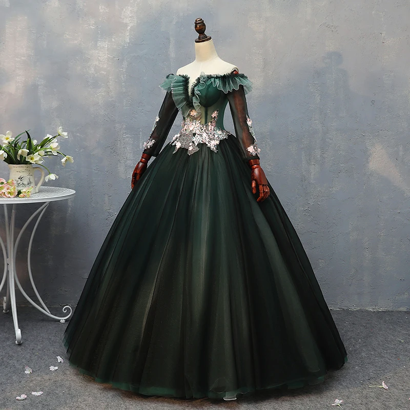 100%real carnival fairy dark green embroidery court medieval dress renaissance Gown queen Victorian /Marie/ Belle Ball/ball gown image 4