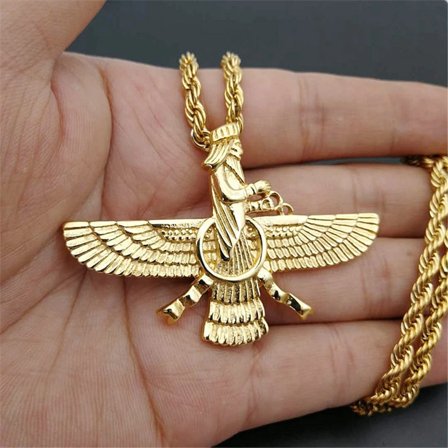 جديد الرجال الهيب هوب إيران Faravahar Ahura مازدا Zoroastrian عُقد ذهبي بدلاية اللون الفولاذ المقاوم للصدأ الرجال المجوهرات