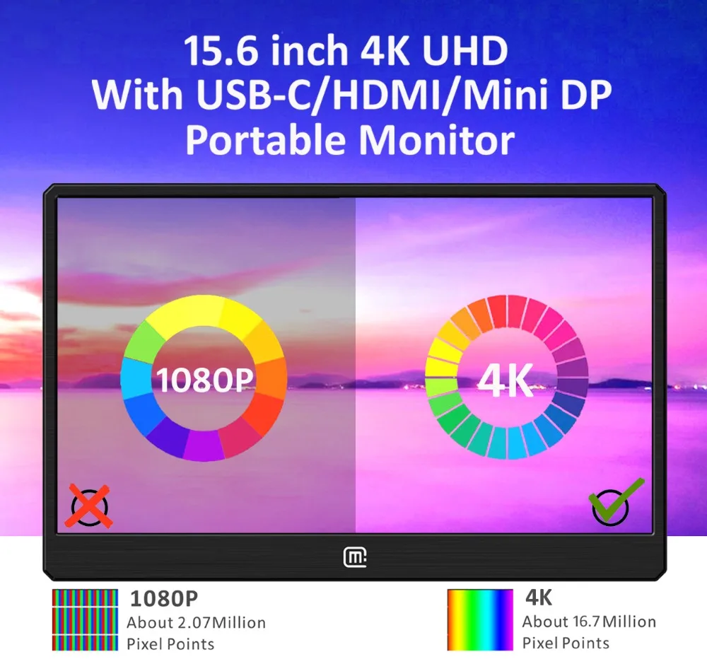 15.6 Inch 4K Portable Monitor With USB Type-C/HDMI/Display Port Input,3840x2160 IPS Display,Stereo Speakers,Mountable(156B)