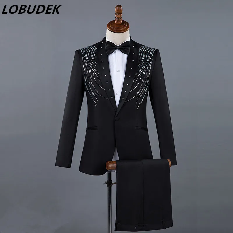 Formal Men Suits Black Crystals Blazers singer Chorus performance Costume Wedding Master Prom Compere Studio show stage outfits