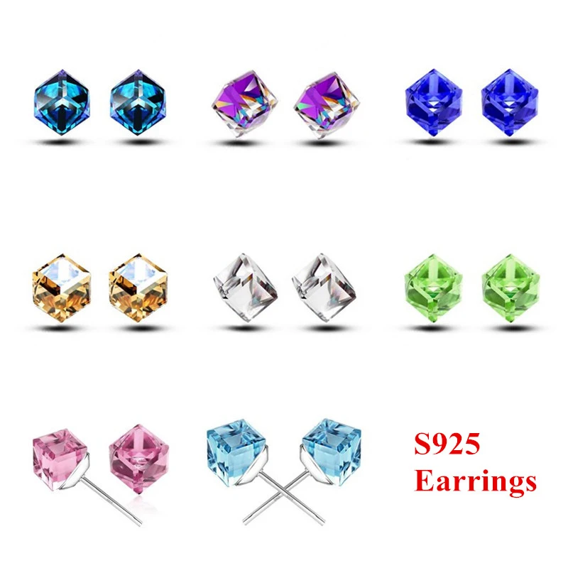 High Class Real 925 Sterling Silver Stud Earrings for Women Girls 8 Colors Options Austrian CZ Crystal Square Design Ear Jewelry