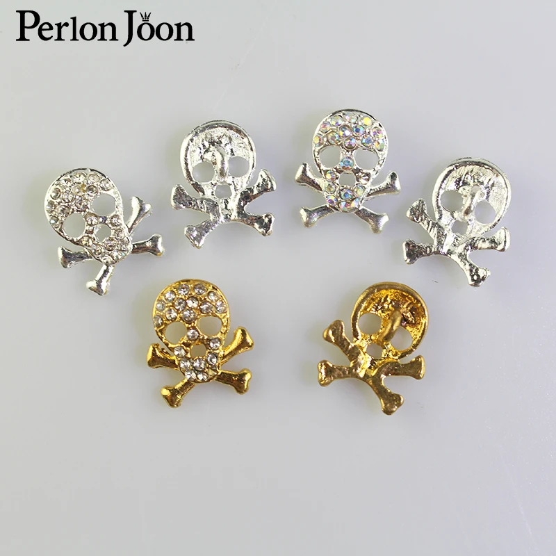 10pcs 14*16mm Skull shape rhinestone button gold and silver metal button fashion clothing decoration accessories for dress NK041