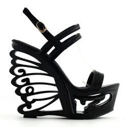 LF51801 Black/White Strappy Bride Wedding Wedge Butterfly Heel Sandals