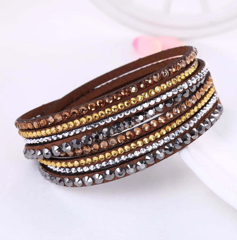 HOCOLE Fashion Wrap Leather Bangle Charm Leather Bracelet Rhinestone Crystal Jewelry For Women feminino pulseras mulher Jewelry