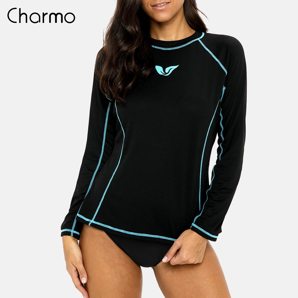 Charmo Donne Protezioni Manica Lunga asciugatura rapida Rashguard Surf Top Corsa e Jogging Bike Camicette Costume Da Bagno UPF 50 + Quick Dry