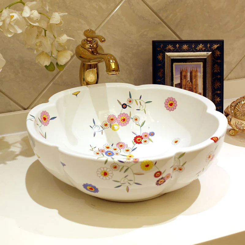 

Europe Style Handmade Flower Shape ceramic sink Countertop Ceramic Basin sinks Bathroom Sink washing basin pottery sink