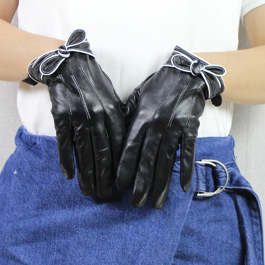 Harppihop*High Quality Genuine Leather Women Gloves Autumn Winter Plus thin Fashion Slim Hand Warm Sheepskin Gloves Female