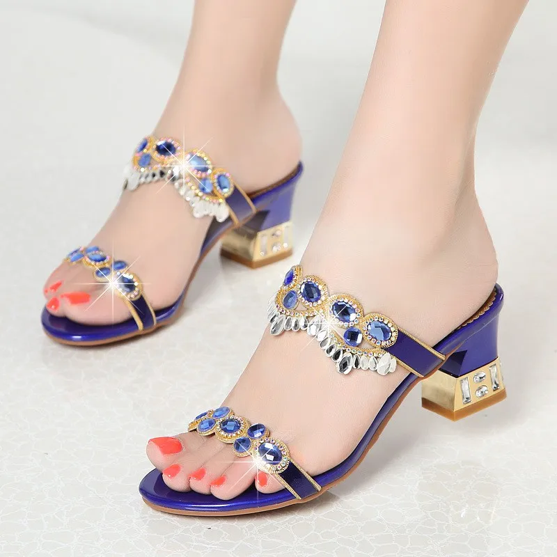 

New Slippers Woman Summer Rhinestones Fashion Square High Heels Shoes Ladies Brand Wedges Slides Hollow Women's Shoes C0043