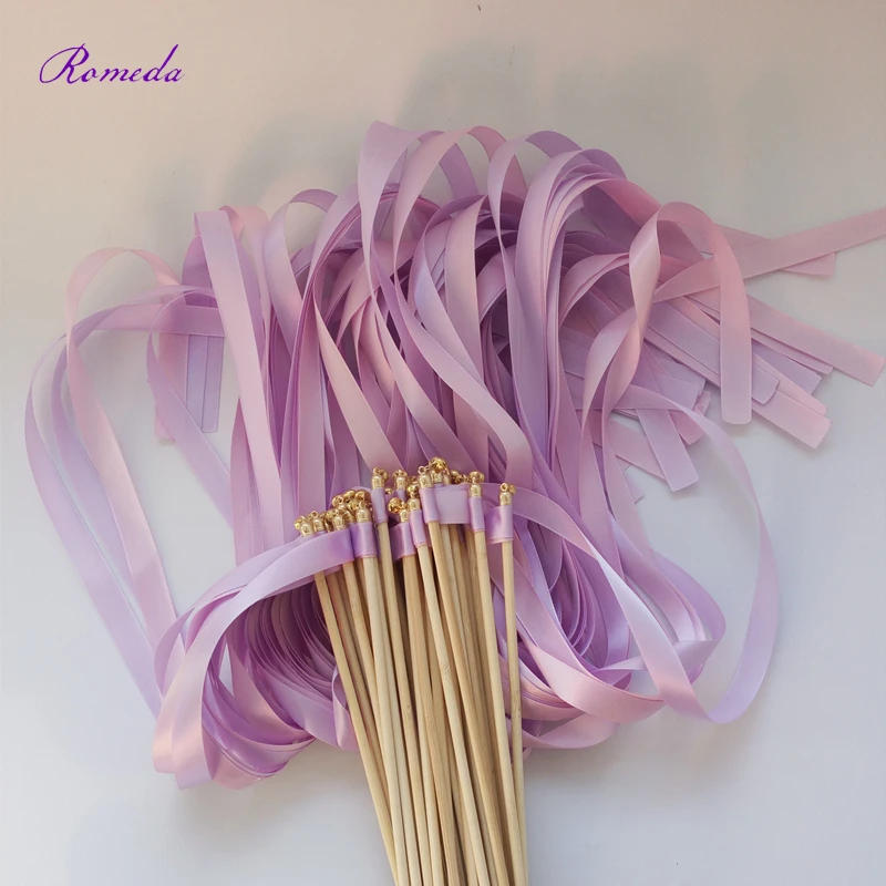 Baguettes de rubans violets avec cloche dorée pour décoration de mariage, 50 pièces/lot, nouvelle collection