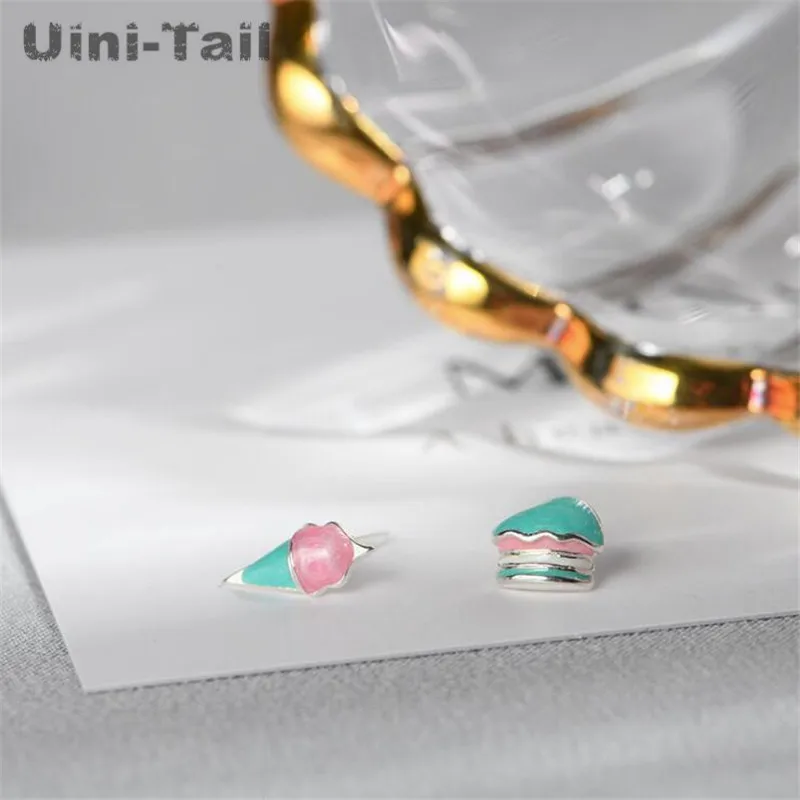 Uini-Tail hot new 925 Tibetan silver Korean version of the small asymmetric cake ice cream stud earrings fashion cute earrings