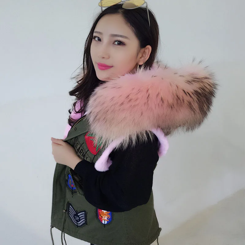 Girl Woman Autumn Winter Real Rabbit Fur Vest Sleeveless Natural Raccoon Fur Collar Hooded Parka British Style Army Green Gilets