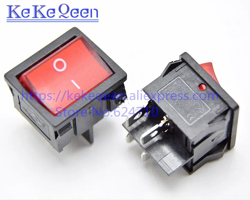 10PCS/LOT KCD5 21x24mm 21*24 Ship Type Switch Red 4 Pin 2 Position 6A/12A 250VAC ON-OFF Rocker Switch With a red light