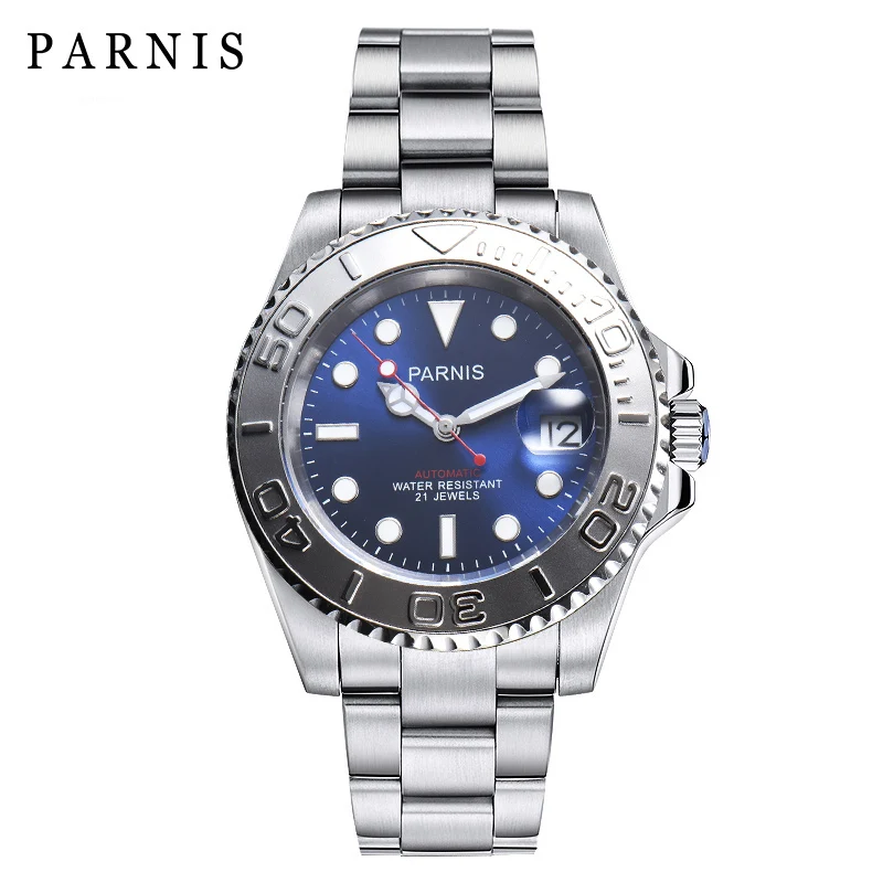 Fashion Parnis 40mm Blue Dial Automatic Men Watch Silver Ceramic Bezel Sapphire Glass Miyota 8215 Mechanical Watches Luxury 2024