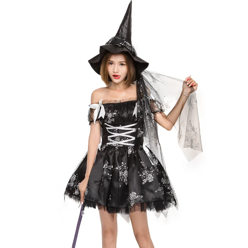 Free shipping Hallowen adult Womens Magic Moment Black witch Cosplay Costume dress with hat