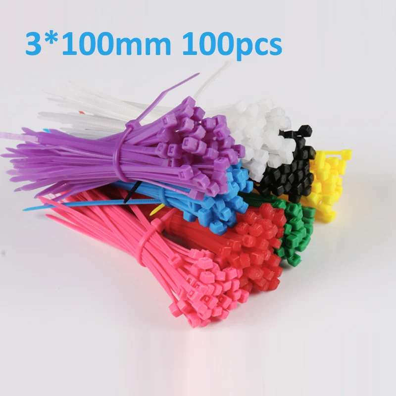 3*100mm 100pcs red blue green pink yellow purple black white colorful self-locking nylon cable ties high quality