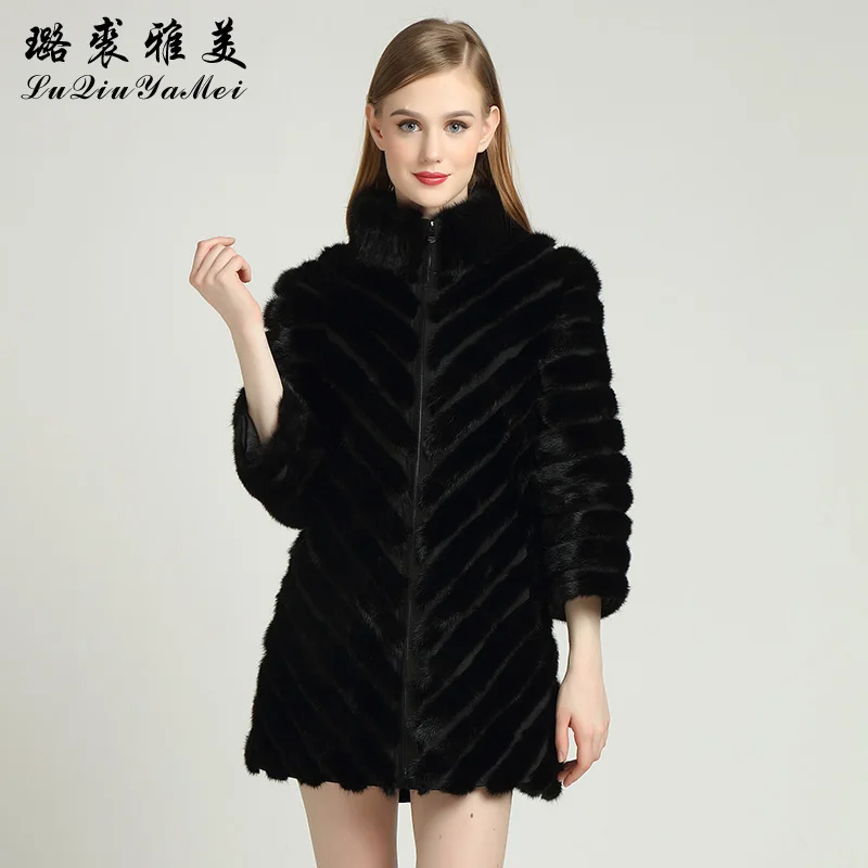 Mink fur leather coat regular regular casual stand collar zipper broken leather casual black women\'s winter thickened too coat