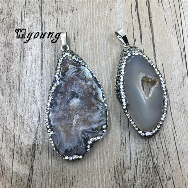 

Nature Agates Quartz Druzy Slice Pendant With Rhinestone Paved Edges,Agates Geode Charm For DIY Jewelry MY1547