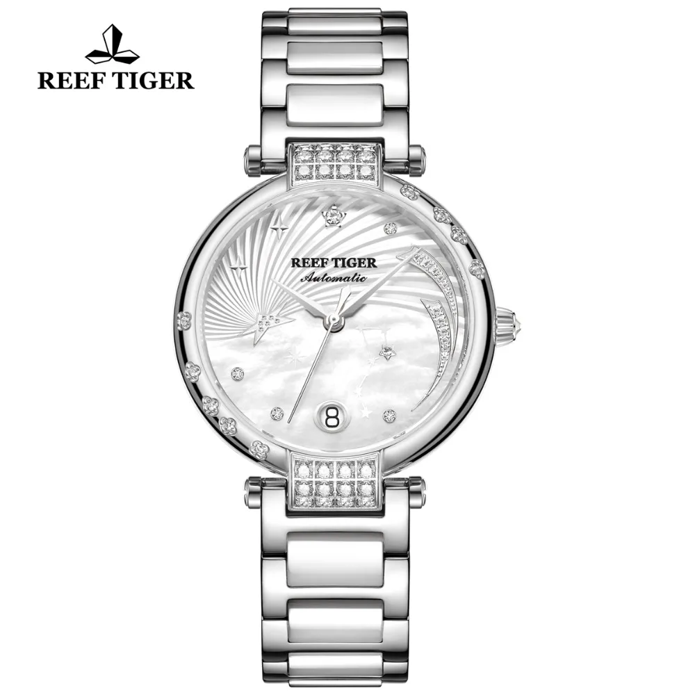 Reef Tiger Fashion and Elegant Steel Watch For Ladies Diamonds White Dial Stainless Steel Strap Automatic Wrist Watches RGA1592