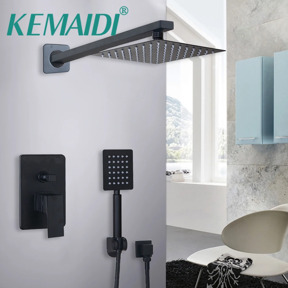 KEMAIDI Pure Black LED Bathroom Rainfall shower Faucet Sets 3 Size Ultra-thin Shower head Round Wall Mounted  & hand Shower Sets