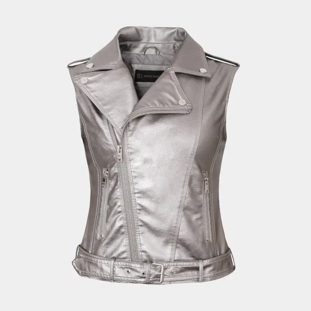 Cuoio del Motociclo delle donne Cuoio DELL'UNITÀ di elaborazione Femminile di Modo Della Maglia Senza Maniche Giacca Taglia XL Turno Collare Tasche del Panciotto Delle Signore cappotto