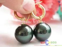 Wholesale 14MM TAHITIAN BLACK ROUND SOUTH SEA SHELL PEARL DANGLE EARRING