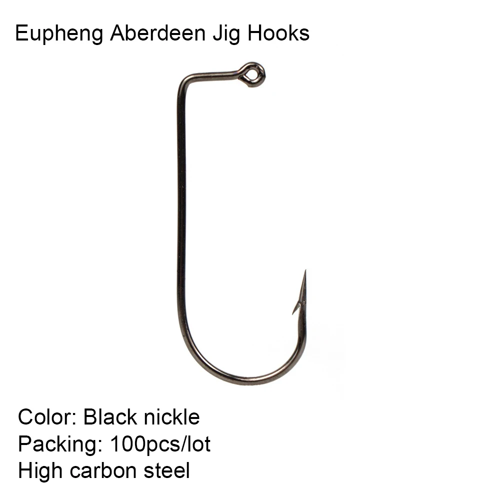 Eupheng 100pcs Aberdeen Jig Fishing Hooks High Carbon Steel Black Barbed 90 Degree Flat Eye Classical Popular