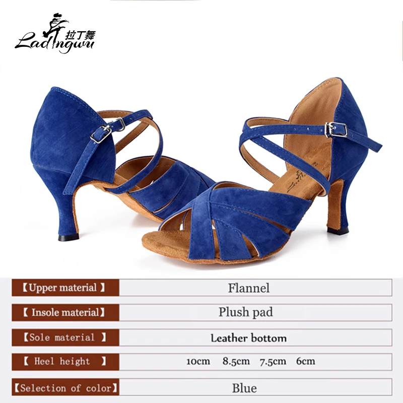 Ladingwu  Square head Plush Pad Soft Bottom Dance Shoes Blue Flannel Women's Salsa Latin  Ballroom Dance Shoes