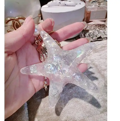 

50pcs/lot fashion Cartoon Sea World Starfish Pearl Shell Keychain KeyRing woman Crystal star Keychain