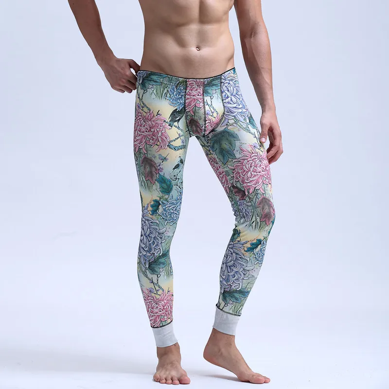 Mens Underwear Thermal Long Johns Tight Low-Waist Elastic Print Terylene Underpants Legging Chinese Ink Painting Calça Masculina