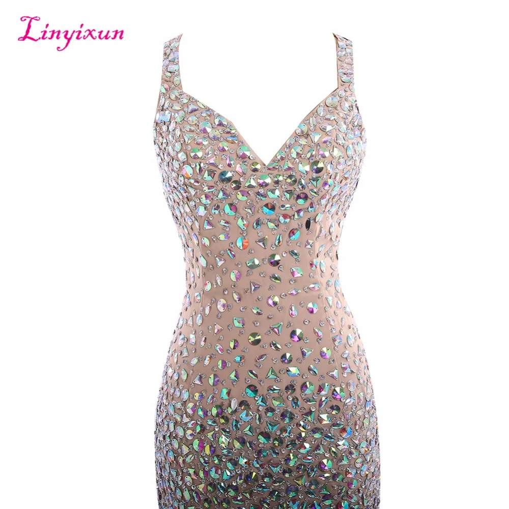 Linyixun Real Photo Nieuwe Sexy Jurken Luxe Kralen Crystal Lange V-hals Backless Party Formele Avondjurken vestido de festa