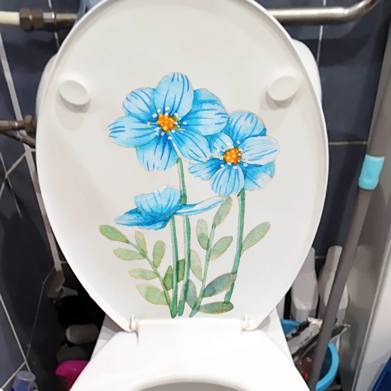 YOJA 14.7X20CM Cute Blue Flower Home Decor Living Room Wall WC Toilet Seat Stickers T1-1694