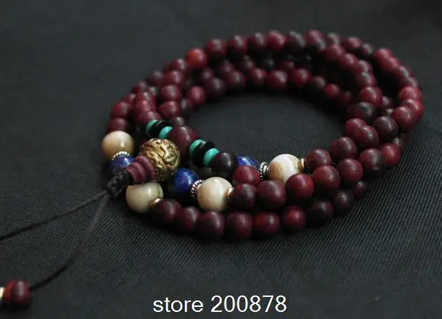 Master Design Tibetan 108 Red Sandalwood Prayer Mala Necklace 6/8mm Lady natural Wooden bracelets Stone lapis shell BRO521