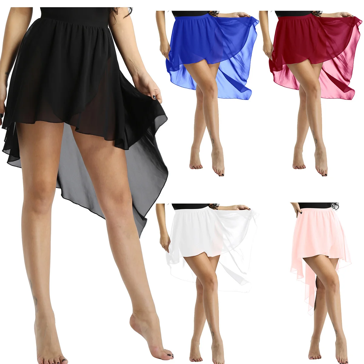 Womens Chiffon Skirt Ballet Dance Skirts Ladies Side-Dip Stage Performance Ballerina Tutu Costume Dance Gymnastics Leotard Skirt