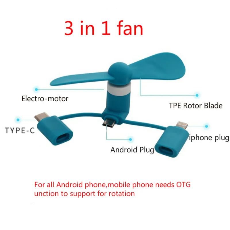 3 IN 1 Travel Portable Cell Phone Mini Fan Cooling Cooler For Micro USB C For iPhone 5 6 6S 7 Plus 8 X for Android Type-c