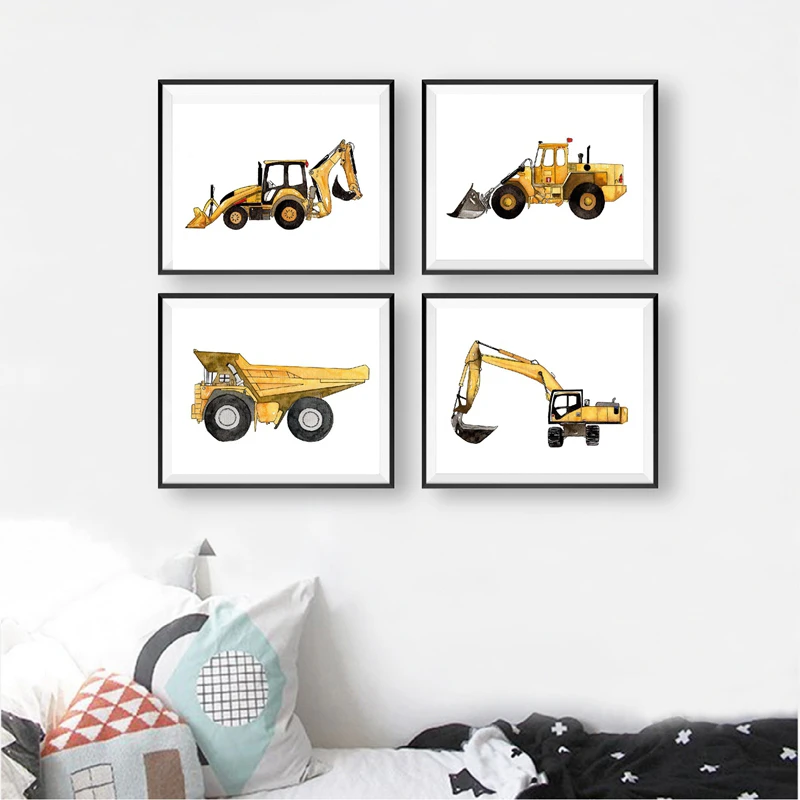 Construction Vehicle Watercolor Boys Wall Art Canvas Painting Pictures Dump Truck Excavator Posters And Prints Kids Room Decor