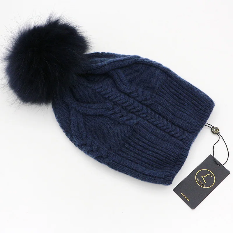 2016 New Style Winter Hats For Women Fashion 100% Wool & Fur Pom Pom Beanies Hats Navy Blue Fur Pompoms Sweater Twisting Hats image 5