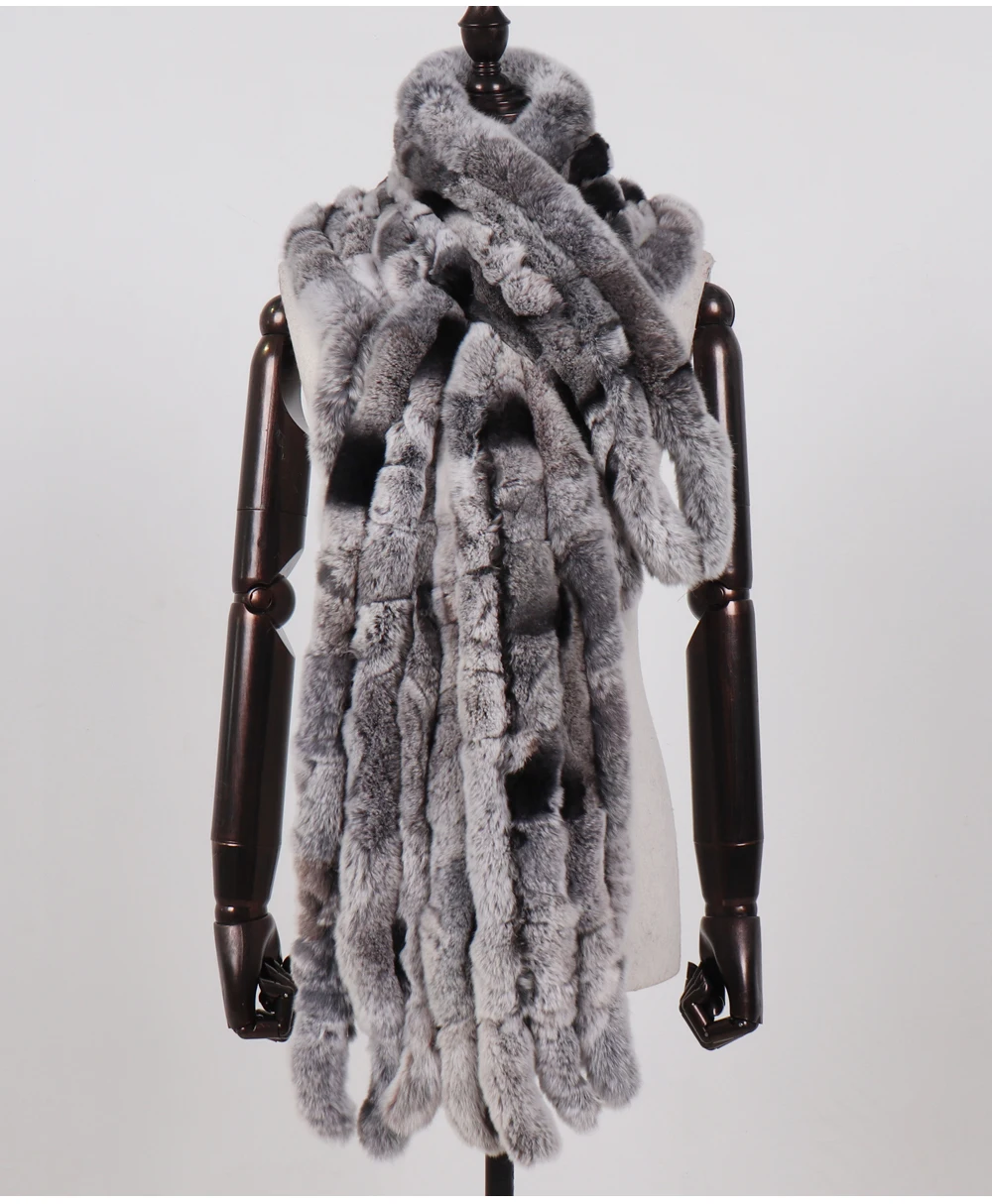 Neuer langer Schal aus echtem Rex-Kaninchenfell für Damen, warm, weich, hochwertig, modischer Rex-Kaninchenfell-Schal mit Quasten. – Detail 6