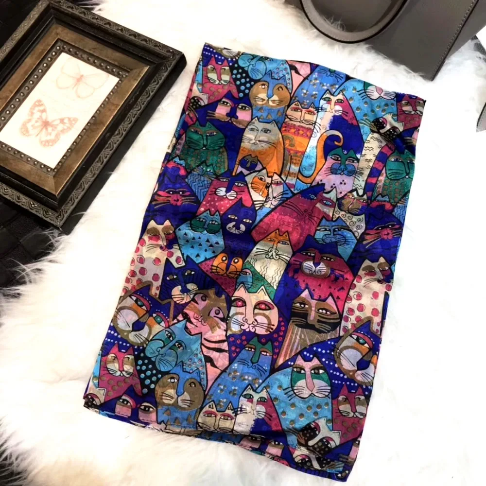 [BYSIFA] 2022 New Blue Pink 100% Silk Scarf Shawl Fashion Accessories Cute Cartoon Cat Pure Silk Scarf Fall Winter Long Scarves