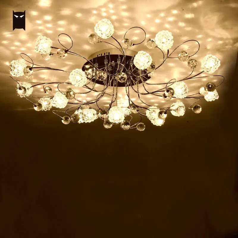 Big Round Chrome Iron Flower Crystal Chandelier Ceiling Fixture Contemporary Art Lustre Plafon Lighting for Living Room Bedroom