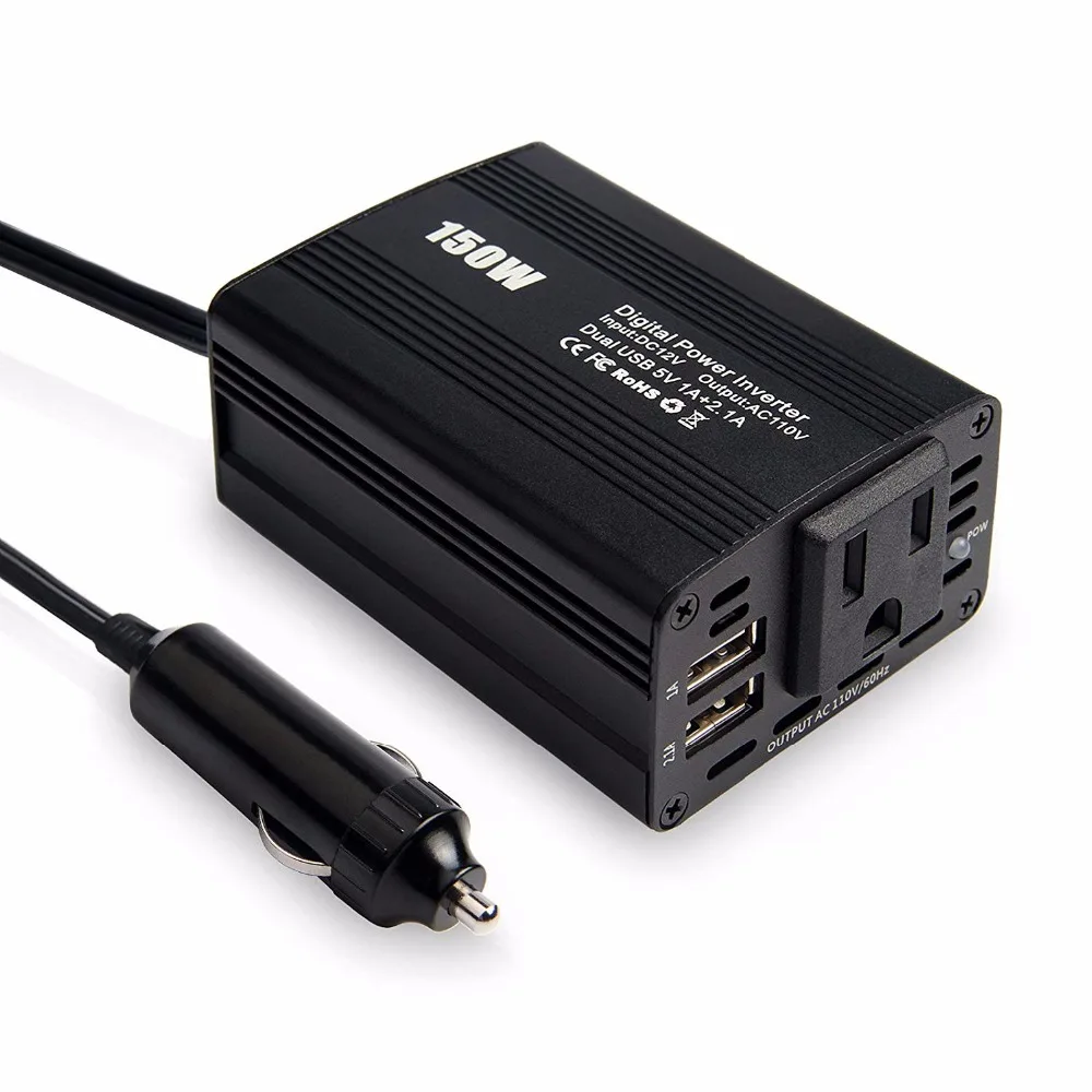 

150W Power Inverter DC 12V to 110V AC Car Adapter with 3.1A Dual USB (Black)