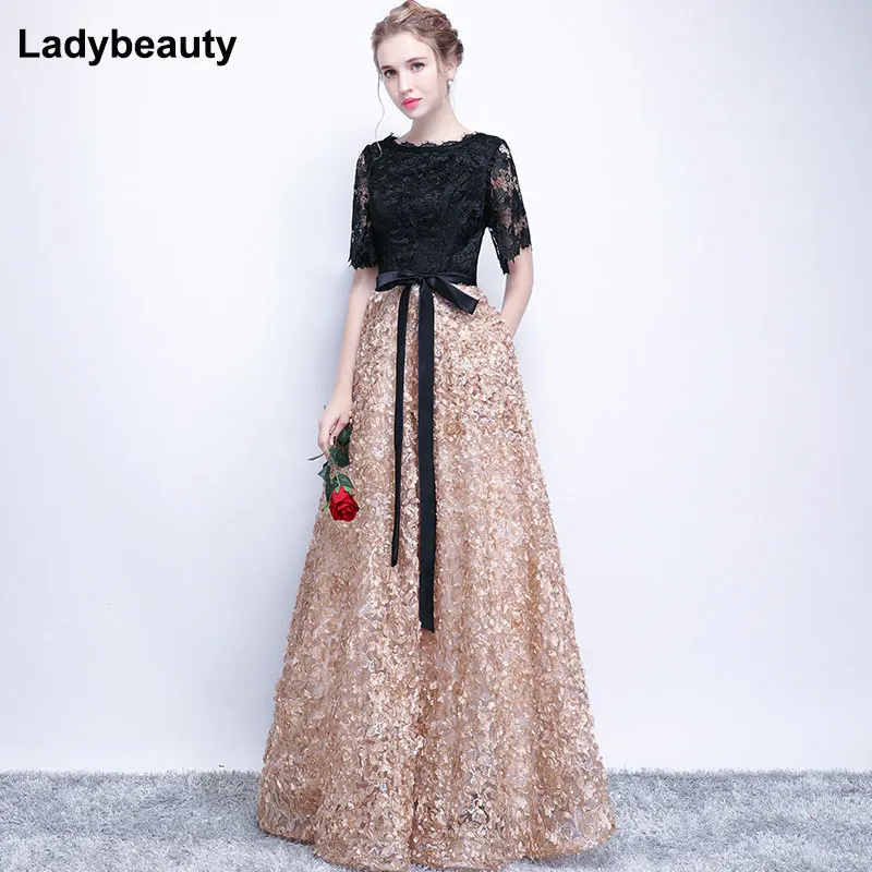 Ladybeauty Vintage Black A-Line Lace Long Evening Dresses Half Sleeves Beaded scoop neck long appliques evening dress prom dress