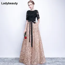 Ladybeauty Vintage Black A-Line Lace Long Evening Dresses Half Sleeves Beaded scoop neck long appliques evening dress prom dress