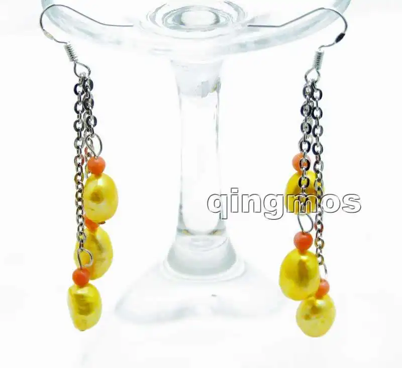 Qingmos 3 Pieces Natural Pearl Earrings for Women with 7-9mm Yellow Baroque Freshwater Pearl Dangle 3