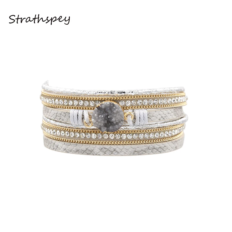 STRATHSPEY Multilayer Leather Bracelet With Magnetic Clasp For Women Vintage Druzy Bracelet natural stone Wrap Bangle jewelry