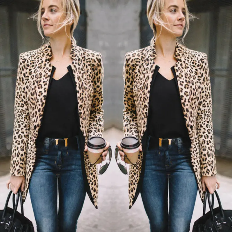 Hot Sale Leopard Women Casual Long Sleeve Blazer Leopard Print Slim Cardigan Suit Blazer Jacket Coat Outwear