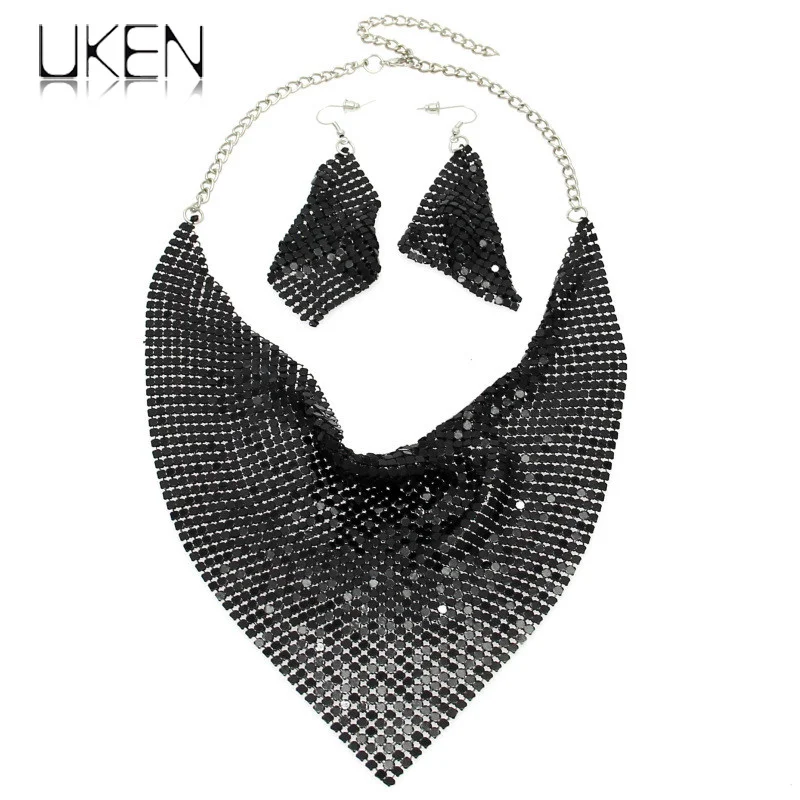 UKEN Chokers Set bijoux Metal Slice Maxi Necklace And Earrings Women Party Dress Accessories Fashion Jewelry Sets N3056