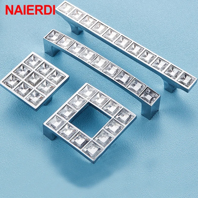 NAIERDI Crystal Glass Knobs Cabinet Handles Silver Crystal Cupboard Pulls Drawer Knobs Kitchen Furniture Handle Hardware